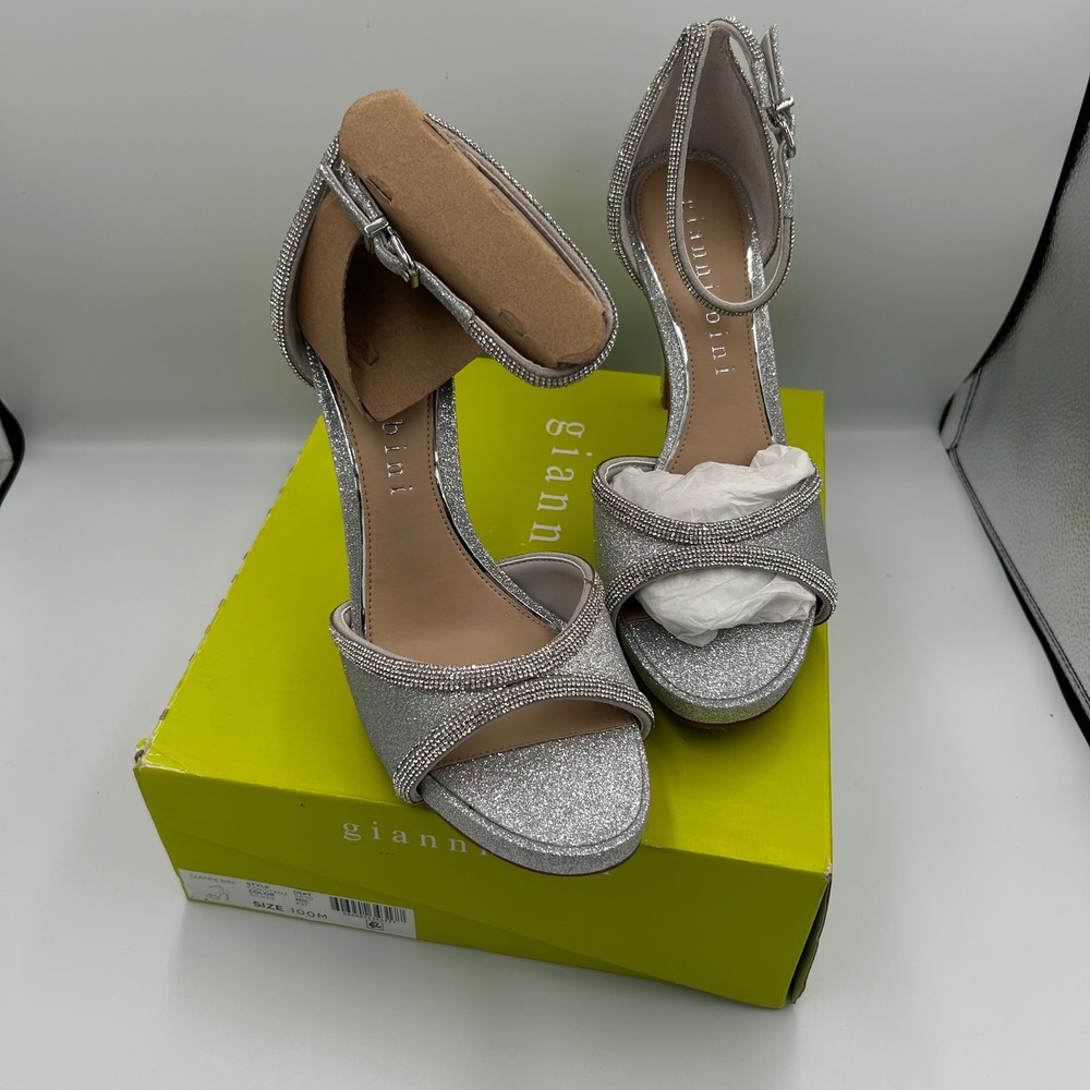 Gianni Bini Constanz Sandals Womens 10M Silver Glitter Rhinestone Platform Heel